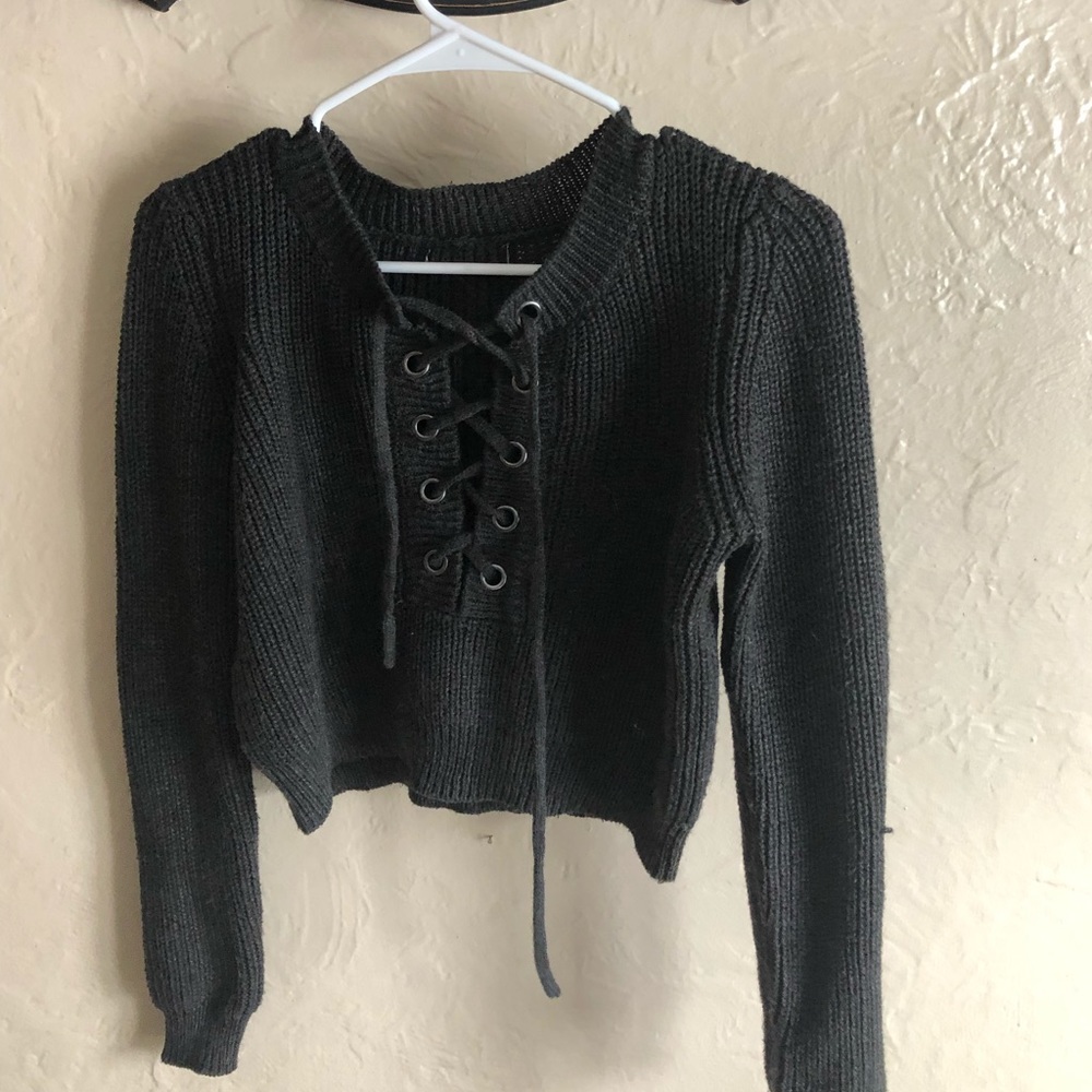 Grey Lace-Up Sweater